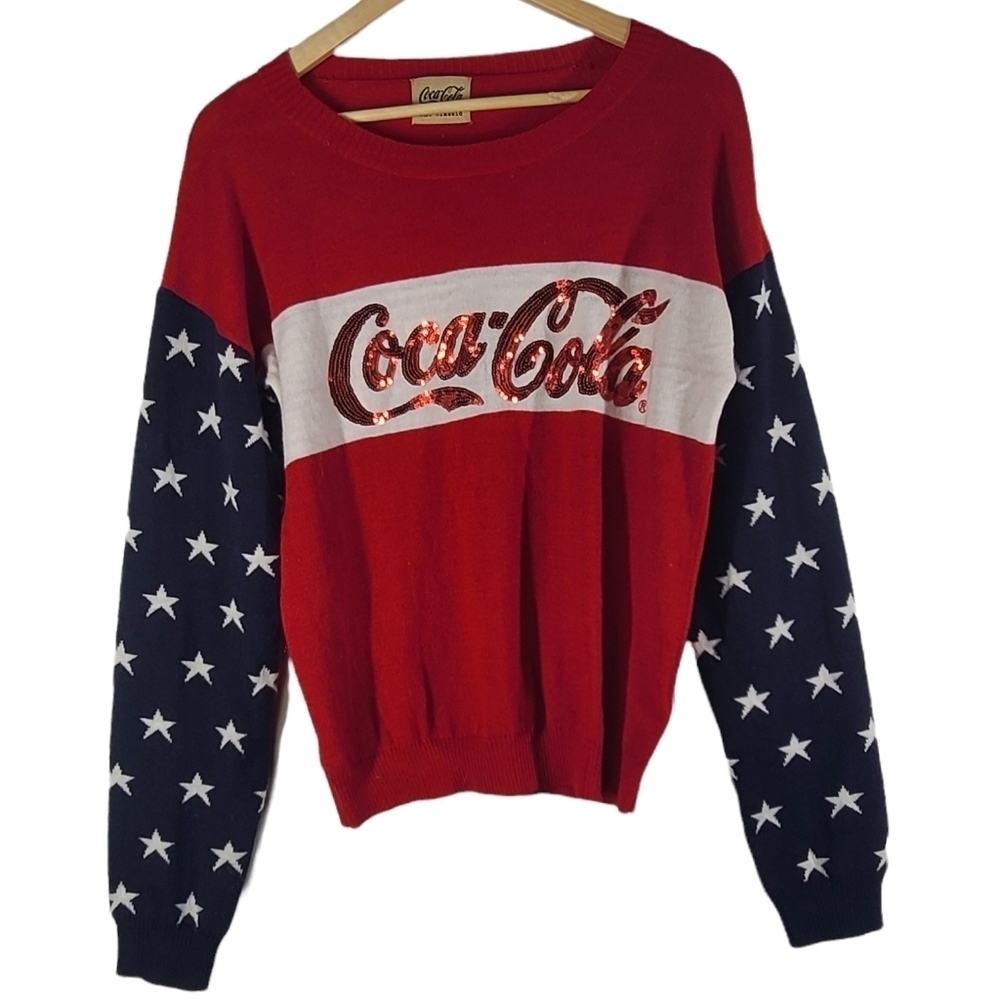 Coca-Cola Patriotic Sequin Logo Sweater 2014 Women’s Size Small USA Flag Pullove